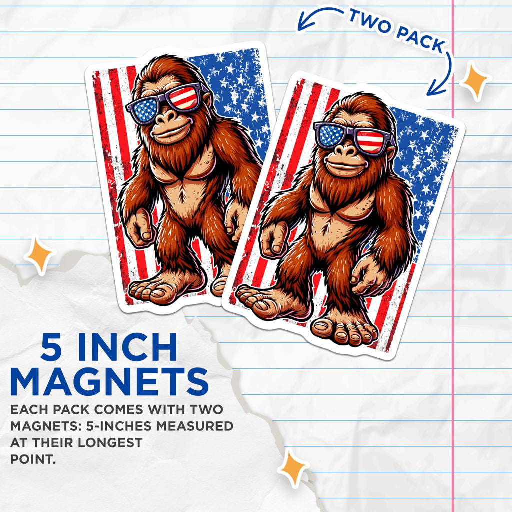 (2 Pack) Bigfoot Magnets - Patriotic Sasquatch Decor - USA Flag Sunglasses Yeti Cryptid - American Folkloric Creature - 5 Inches On Longest Side - Thick Durable Magnet - Made in USA - MAG20211