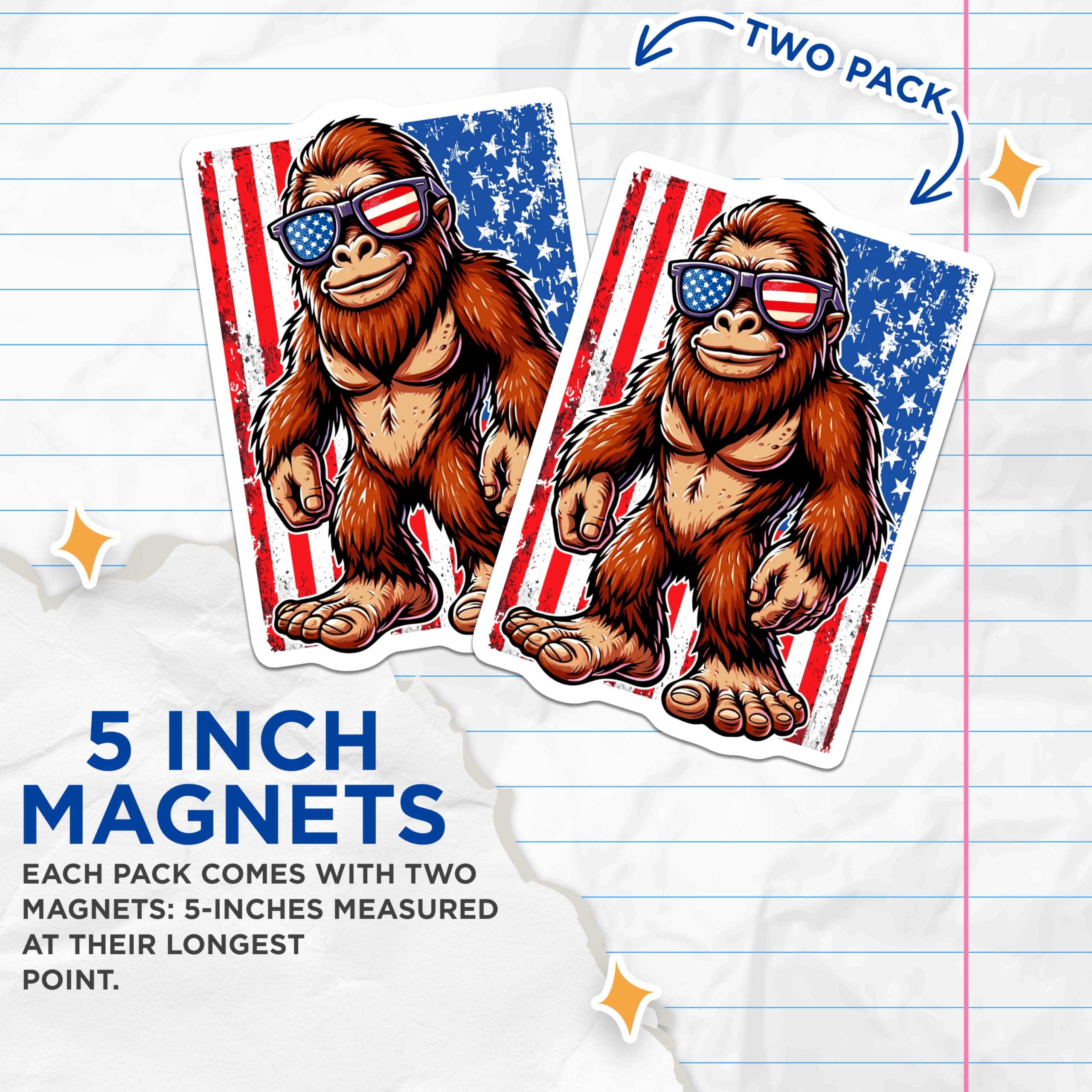 (2 Pack) Bigfoot Magnets - Patriotic Sasquatch Decor - USA Flag Sunglasses Yeti Cryptid - American Folkloric Creature - 5 Inches On Longest Side - Thick Durable Magnet - Made in USA - MAG20211