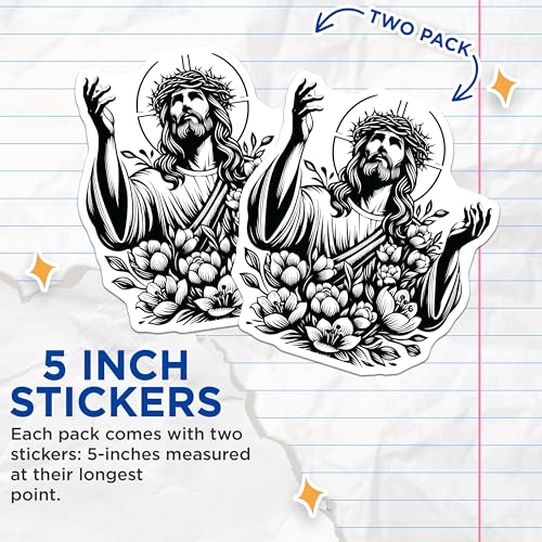 (2 Pack) Inspirational Jesus Stickers - Religious Faith - Christian Art - 5" On Longest Side - Sticks to Smooth Flat Surfaces - Made in USA - BMCS7324