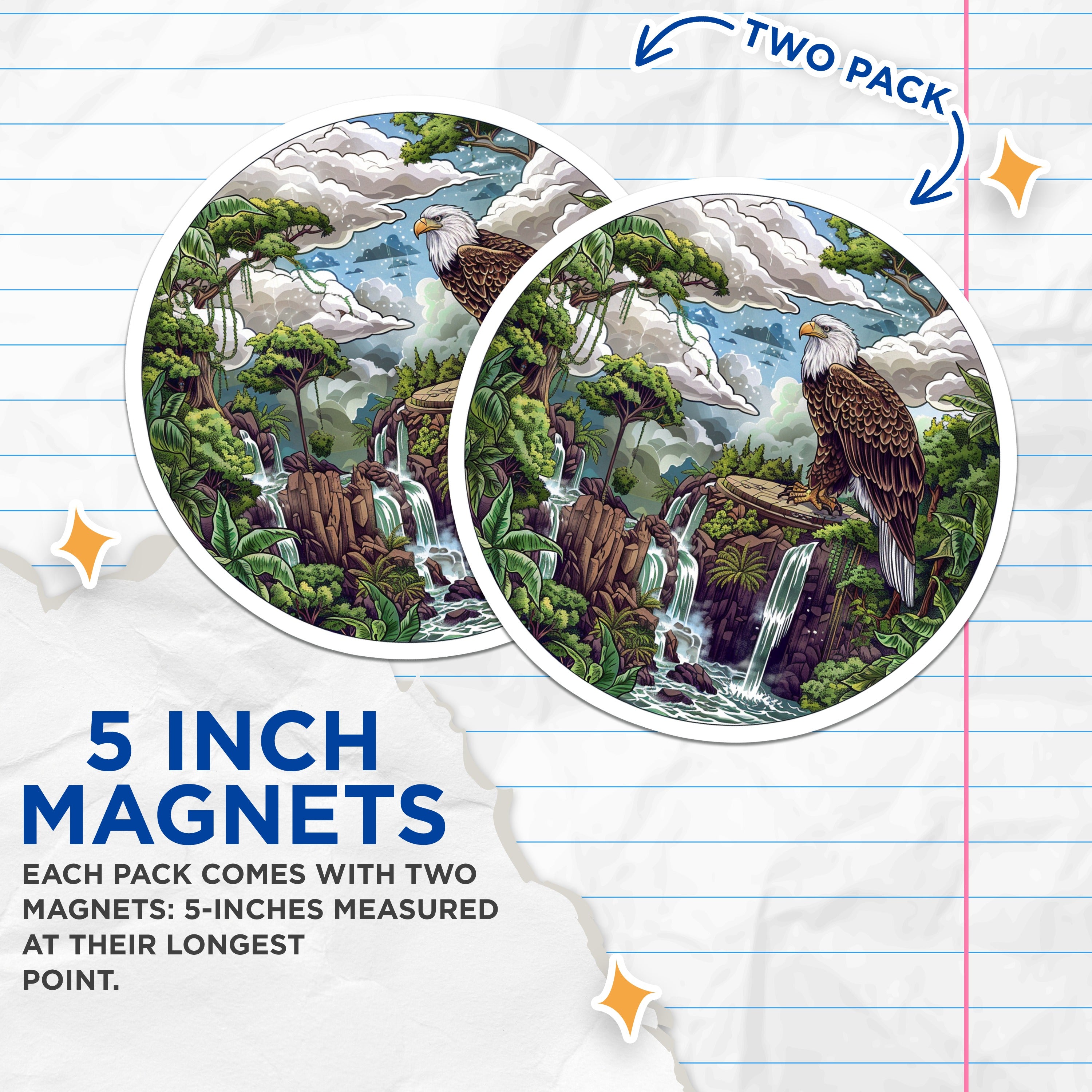 (2 Pack) Bald Eagle Magnets - Jungle Waterfall Art - Majestic Bird Decor for Fridge Locker Office - 5 Inches On Longest Side - Thick Durable Magnet - Made in USA - MAG37379