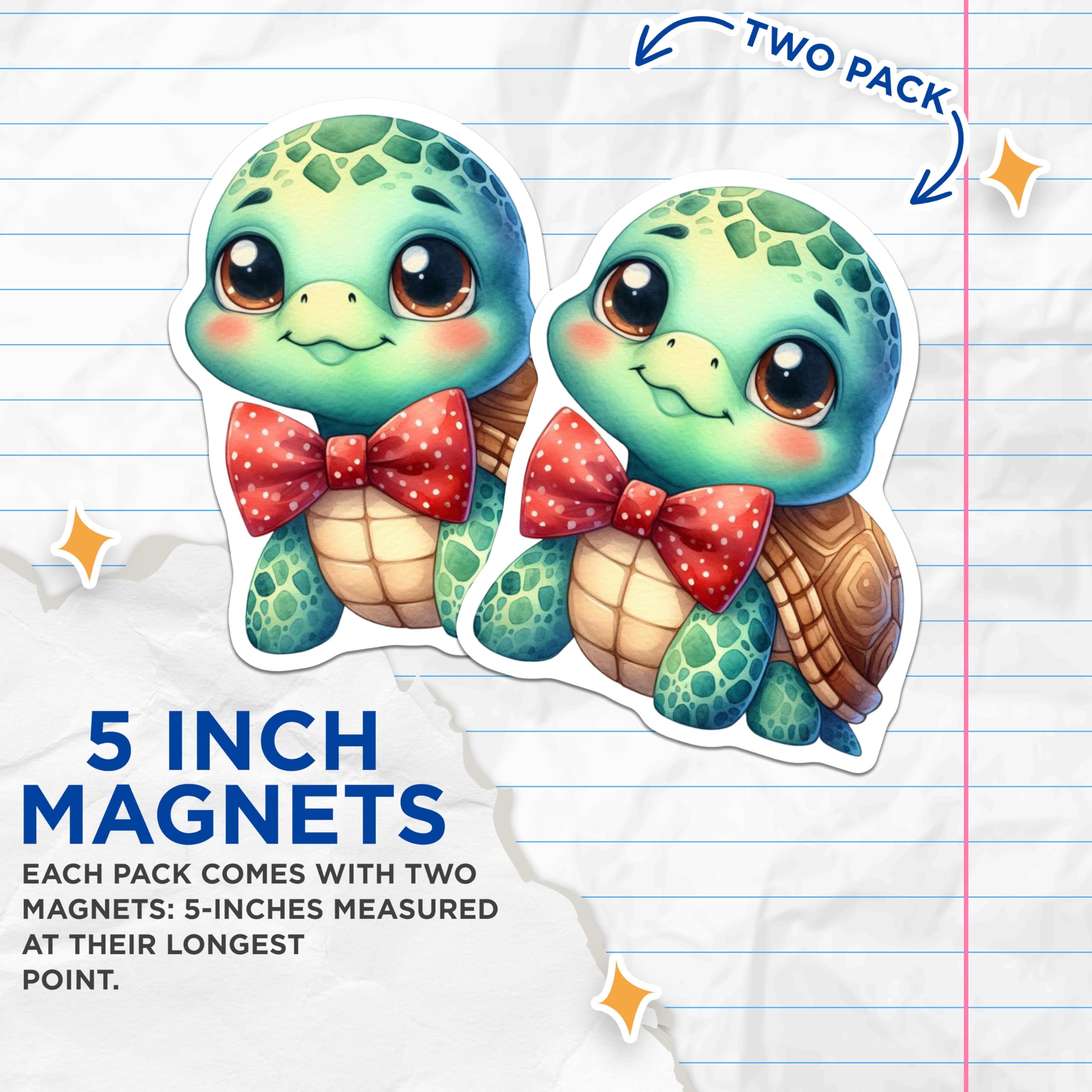(2 Pack) Adorable Turtle Magnets - Kawaii Baby Reptile Decor - Polka Dot Bow Tie Animal Art - Fridge Locker Decor - 5 Inches On Longest Side - Thick Durable Magnet - Made in USA - MAG22026