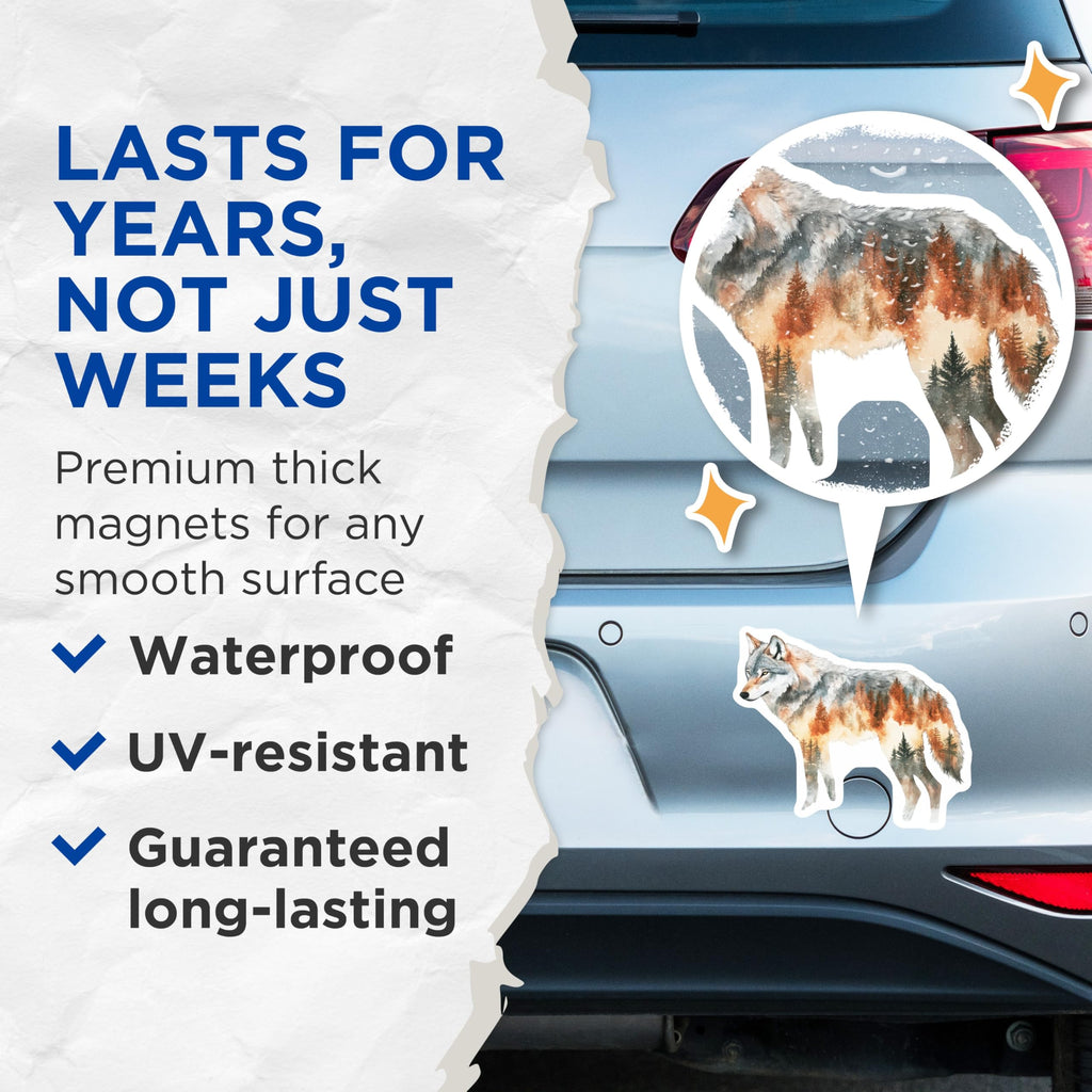 (2 Pack) Wolf Scene Magnets - Nature Art - Animal Lovers Fridge Decor - 5" On Longest Side - Premium Magnet - for Cars, Refrigerators, Toolboxes, Lockers - Made in USA - MAG15957