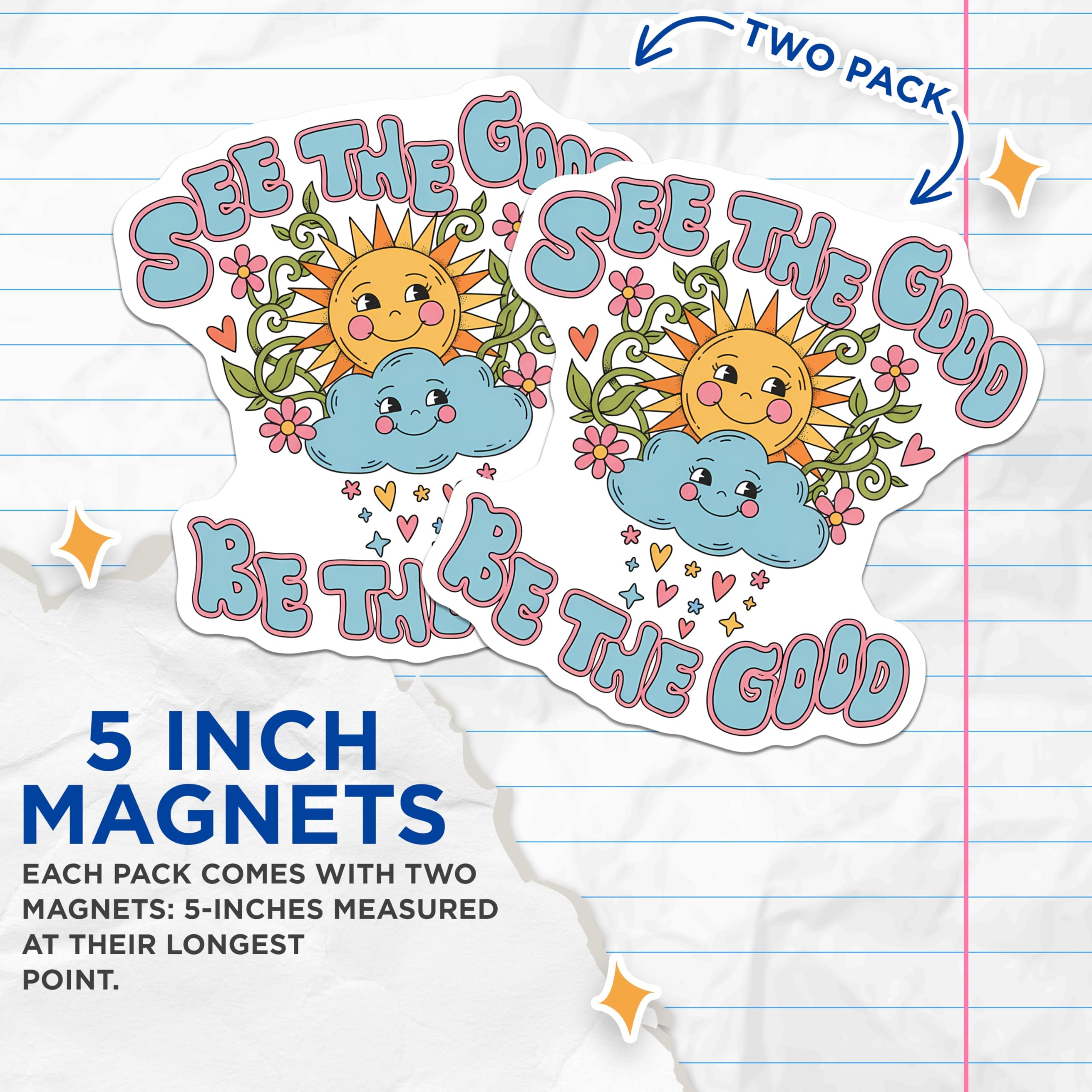 (2 Pack) See The Good Magnets - Be The Good Boho Decor - Sunshine Cloud Hearts Motivational Fridge Art - 5 Inches On Longest Side - Thick Durable Magnet - Made in USA - MAG22833