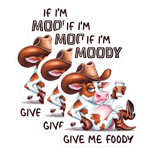(3 Pack) Moody Cow Decals - Funny Foodie - Western Cowgirl Laptop Decals - 3 Inches On Longest Side - Easy Peel & Apply - Made in USA - 3MCS8569