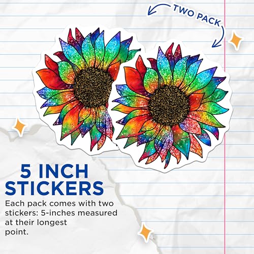 (2 Pack) Colorful Sunflower Stickers - Rainbow Flower - Bright Vinyl Decals for Laptop Water Bottle - 5" On Longest Side - Sticks to Smooth Flat Surfaces - Made in USA - BMCS5688