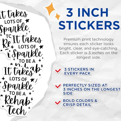 (3 Pack) Rehab Tech Decals - Sparkle Rehab Tech - Rehab Technician Laptop Decals - 3 Inches On Longest Side - Easy Peel & Apply - Made in USA - 3MCS4582