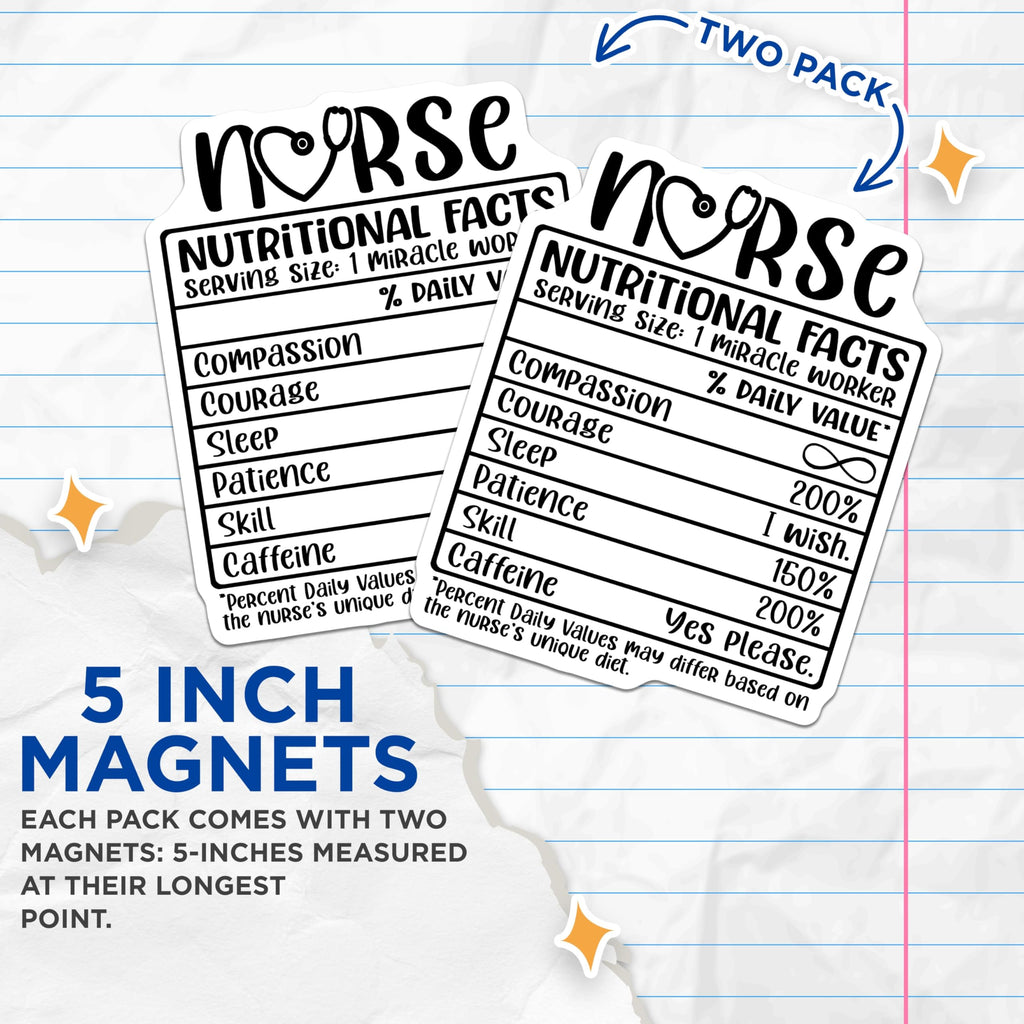 (2 Pack) Nurse Nutrition Facts Magnets - Healthcare Worker - Funny Nurse Decor - 5" On Longest Side - Premium Magnet - for Cars, Refrigerators, Toolboxes, Lockers - Made in USA - MAG14804
