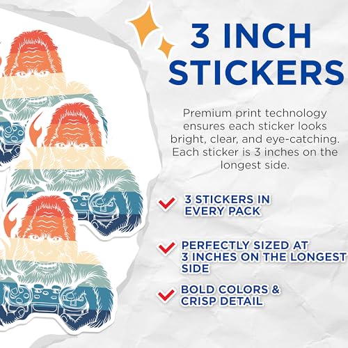 (3 Pack) Bigfoot Gamer Decals - Sasquatch Controller - Retro Gaming Sticker - 3 Inches On Longest Side - Easy Peel & Apply - Made in USA - 3MCS2141