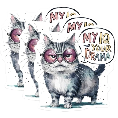 (3 Pack) Cat with Glasses Decals - Funny Kitten Decals - Sarcastic Cat Sticker - 3 Inches On Longest Side - Easy Peel & Apply - Made in USA - 3MCS7321