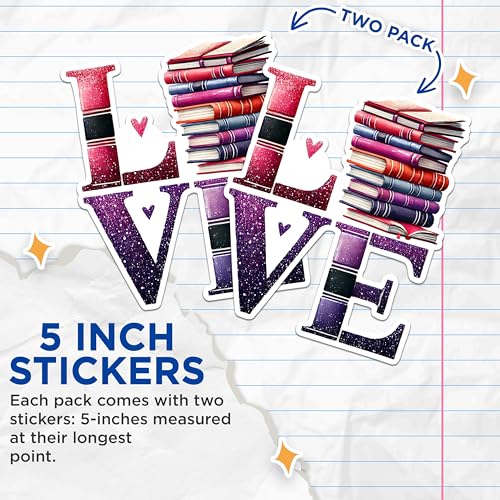 (2 Pack) Book Lover Stickers - Library Love Stickers - Reading Enthusiast Stickers - 5" On Longest Side - Sticks to Any Smooth Flat Surface - Made in USA - BMCS2762