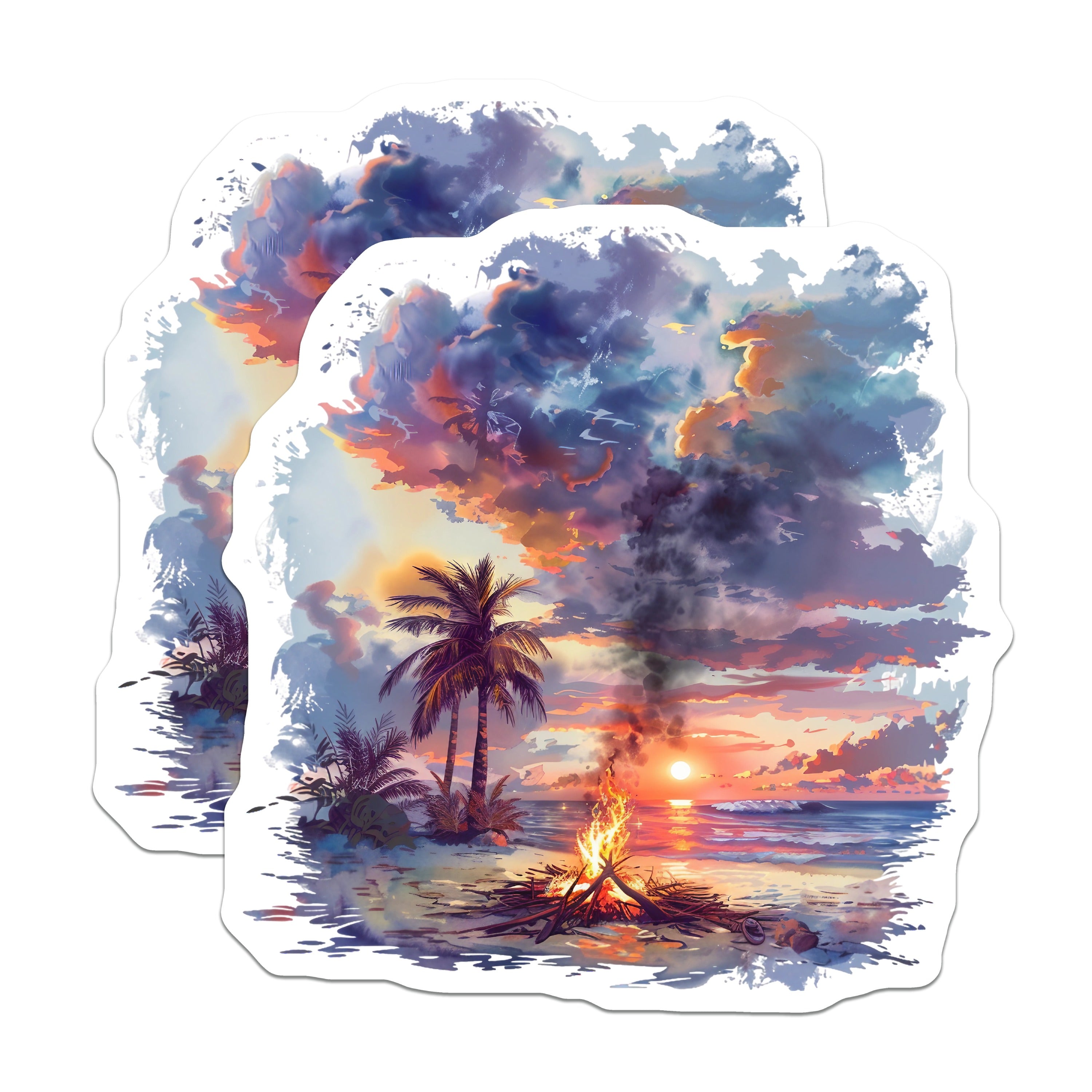 (2 Pack) Beach Bonfire Magnets - Sunset Tropical Beach - Coastal Ocean Scene Fridge - 5 Inches On Longest Side - Thick Durable Magnet - Made in USA - MAG39460
