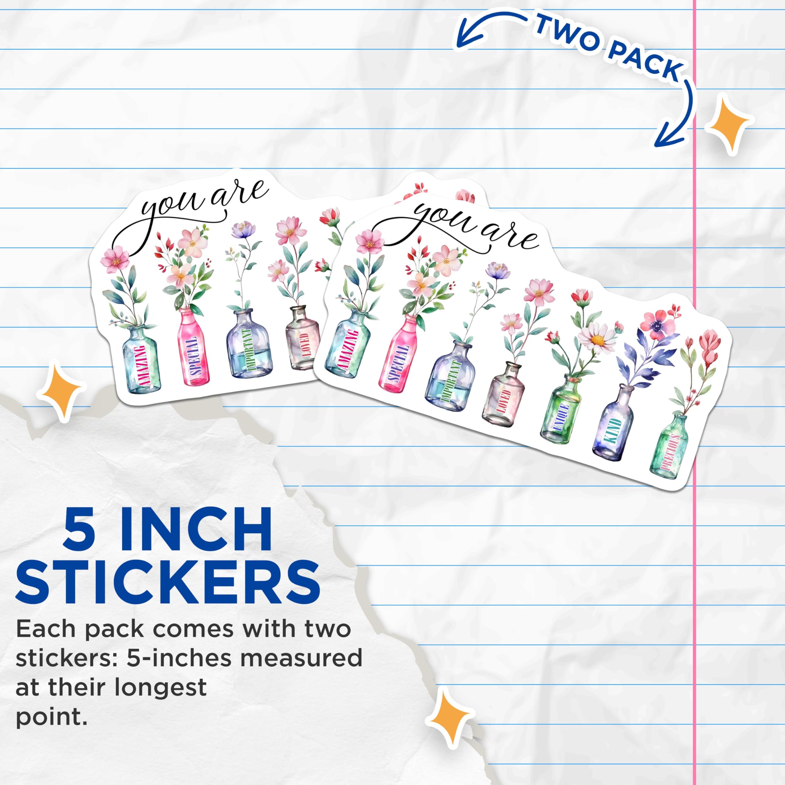 (2 Pack) Inspirational Flower Vase Stickers - Motivational Quotes - Positive Affirmations - 5" On Longest Side - Sticks to Smooth Flat Surfaces - Made in USA - BMCS8586