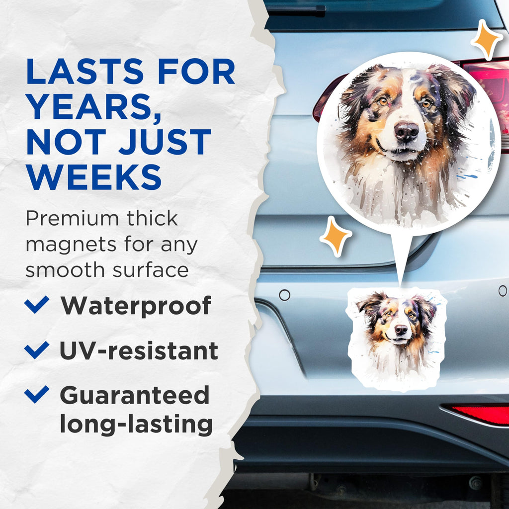 (2 Pack) Australian Shepherd Dog Magnets - Artistic Watercolor Canine Art - Pet Owner Fridge Locker Decoration - 5 Inches On Longest Side - Thick Durable Magnet - Made in USA - MAG24216