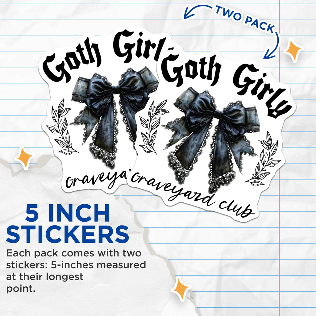 (2 Pack) Goth Girly Stickers - Graveyard Club Stickers - Gothic Bow Stickers - 5" On Longest Side - Sticks to Any Smooth Flat Surface - Made in USA - BMCS3479