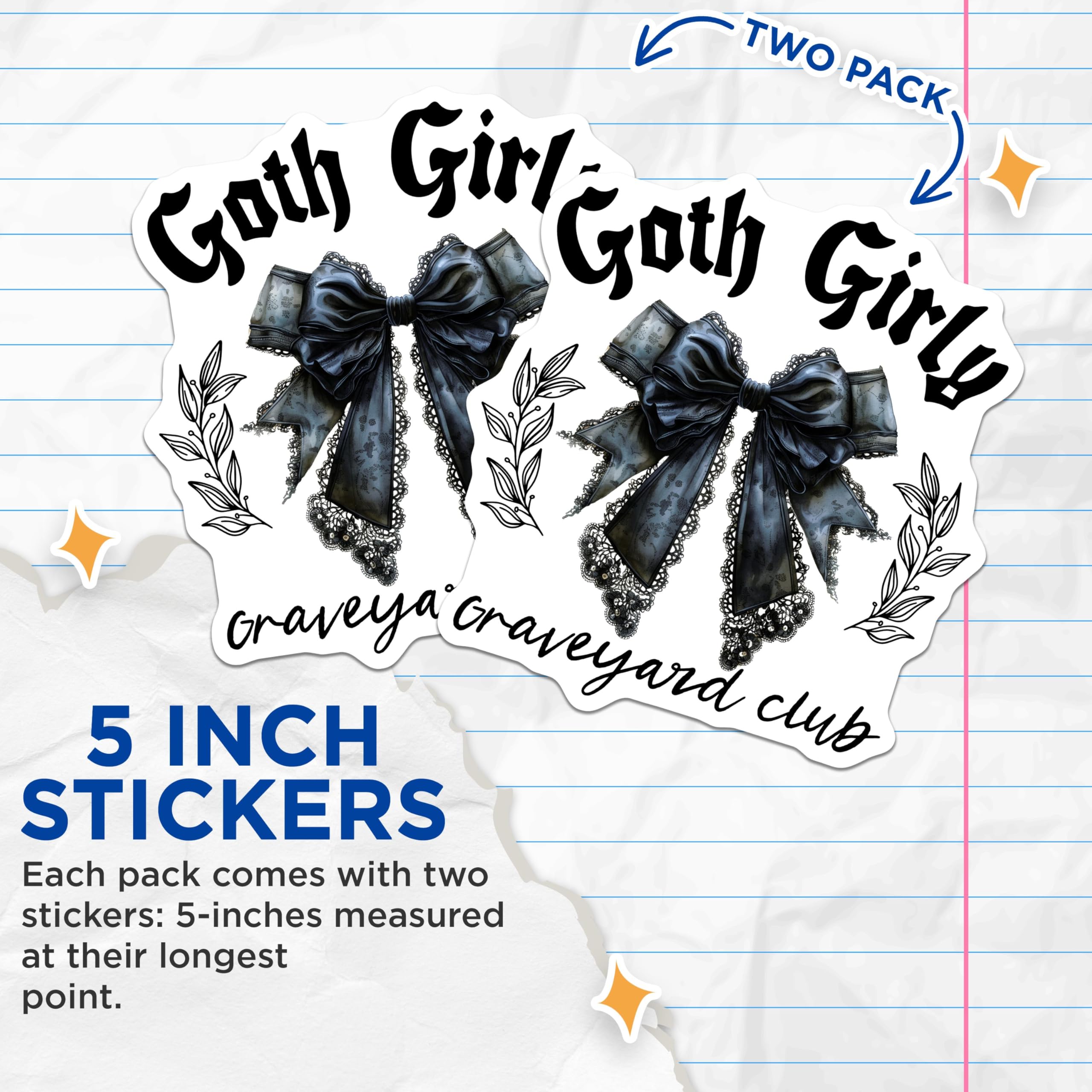(2 Pack) Goth Girly Stickers - Graveyard Club Stickers - Gothic Bow Stickers - 5" On Longest Side - Sticks to Any Smooth Flat Surface - Made in USA - BMCS3479