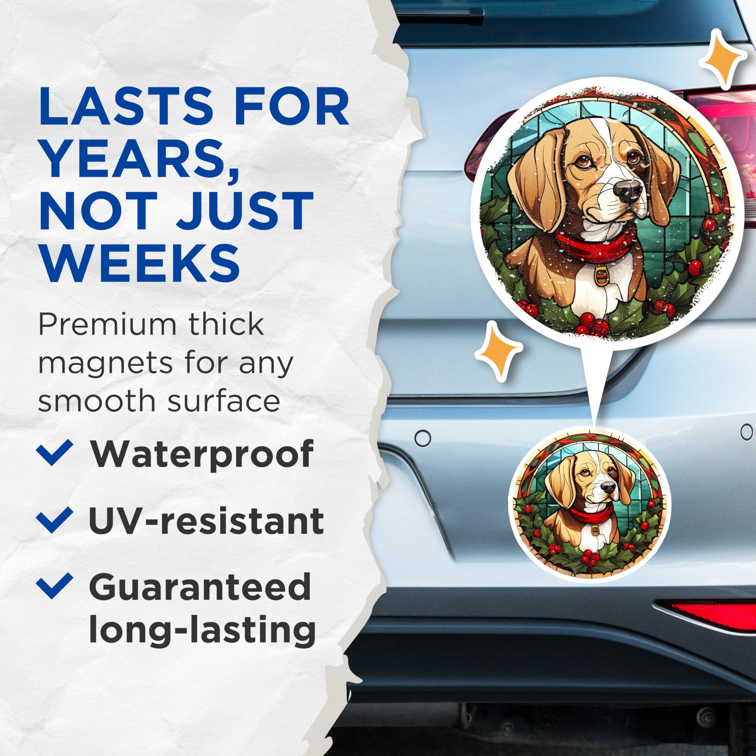 (2 Pack) Beagle Christmas Stained Glass Magnets - Holiday Dog Pet Decor - Dog Lover Winter Art - 5 Inches On Longest Side - Thick Durable Magnet - Made in USA - MAG30414