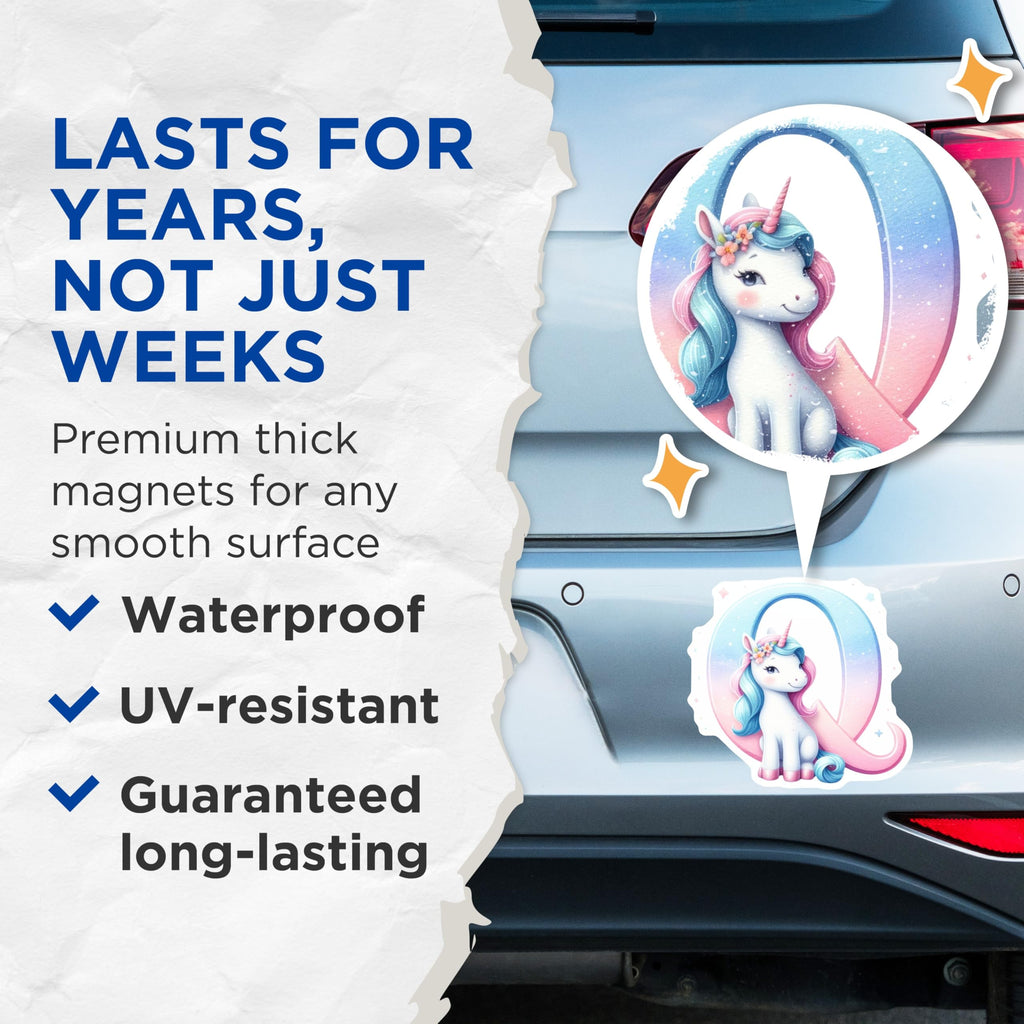 (2 Pack) Unicorn Letter Q Magnets - Initial Q Decor - Pastel Unicorn Lovers - 5" On Longest Side - Premium Magnet - for Cars, Refrigerators, Toolboxes, Lockers - Made in USA - MAG14554