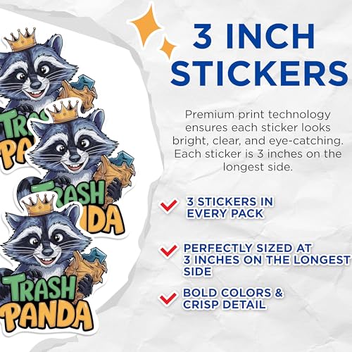 (3 Pack) Trash Panda Decals - Funny Raccoon Stickers - Laptop Decals - 3 Inches On Longest Side - Easy Peel & Apply - Made in USA - 3MCS0923