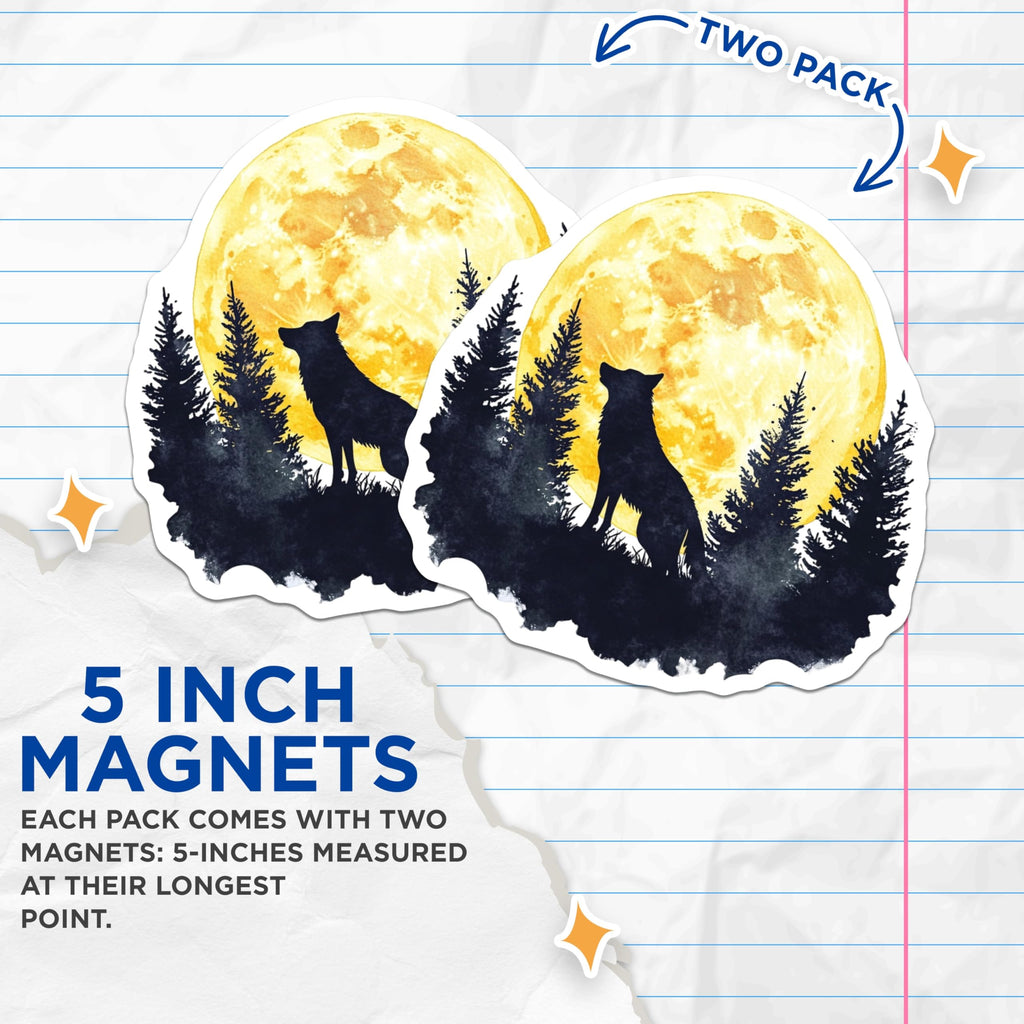 (2 Pack) Wolf Howling Magnets - Silhouette Art - Celestial Full Moon Art Decor - 5" On Longest Side - Premium Magnet - for Cars, Refrigerators, Toolboxes, Lockers - Made in USA - MAG15875