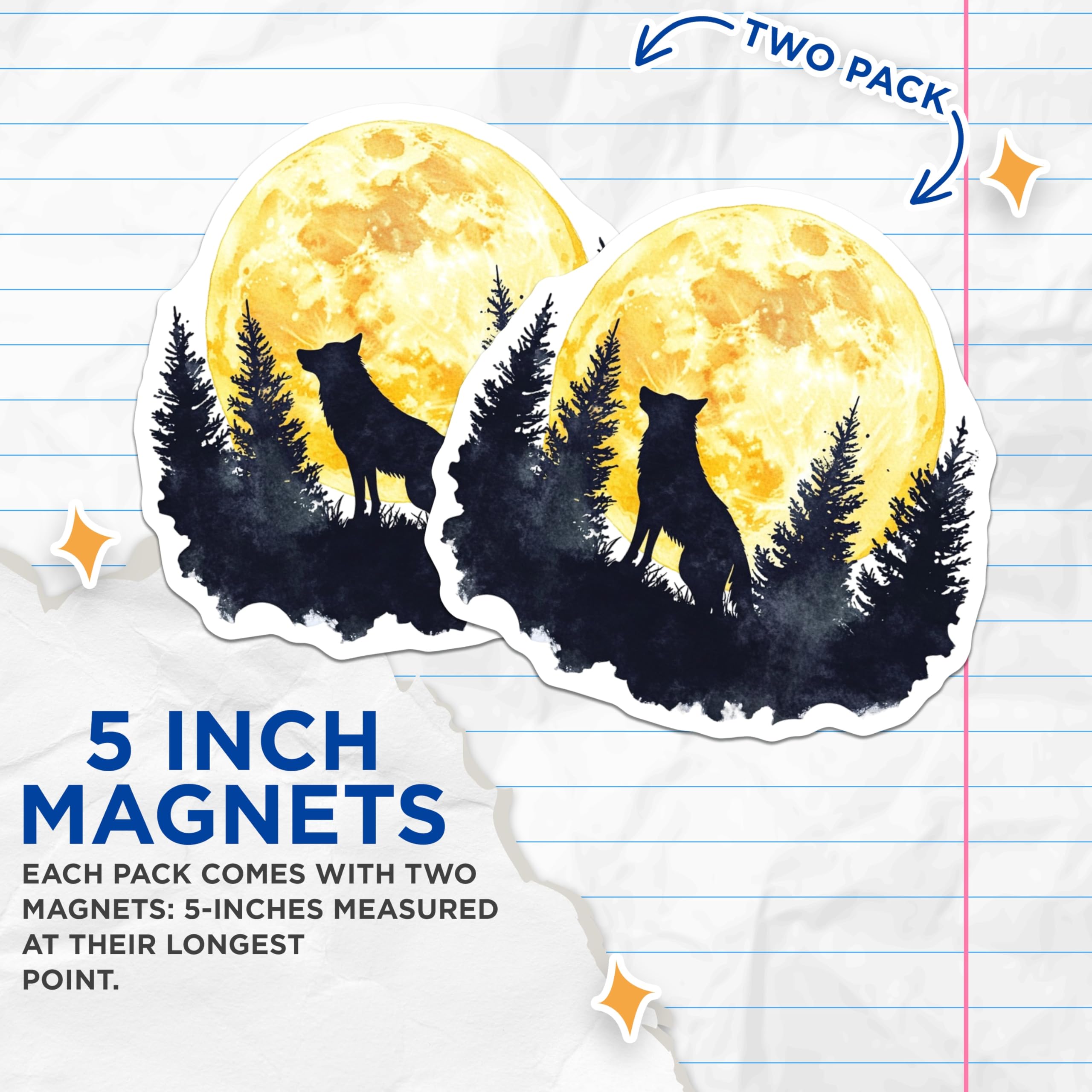 (2 Pack) Wolf Howling Magnets - Silhouette Art - Celestial Full Moon Art Decor - 5" On Longest Side - Premium Magnet - for Cars, Refrigerators, Toolboxes, Lockers - Made in USA - MAG15875