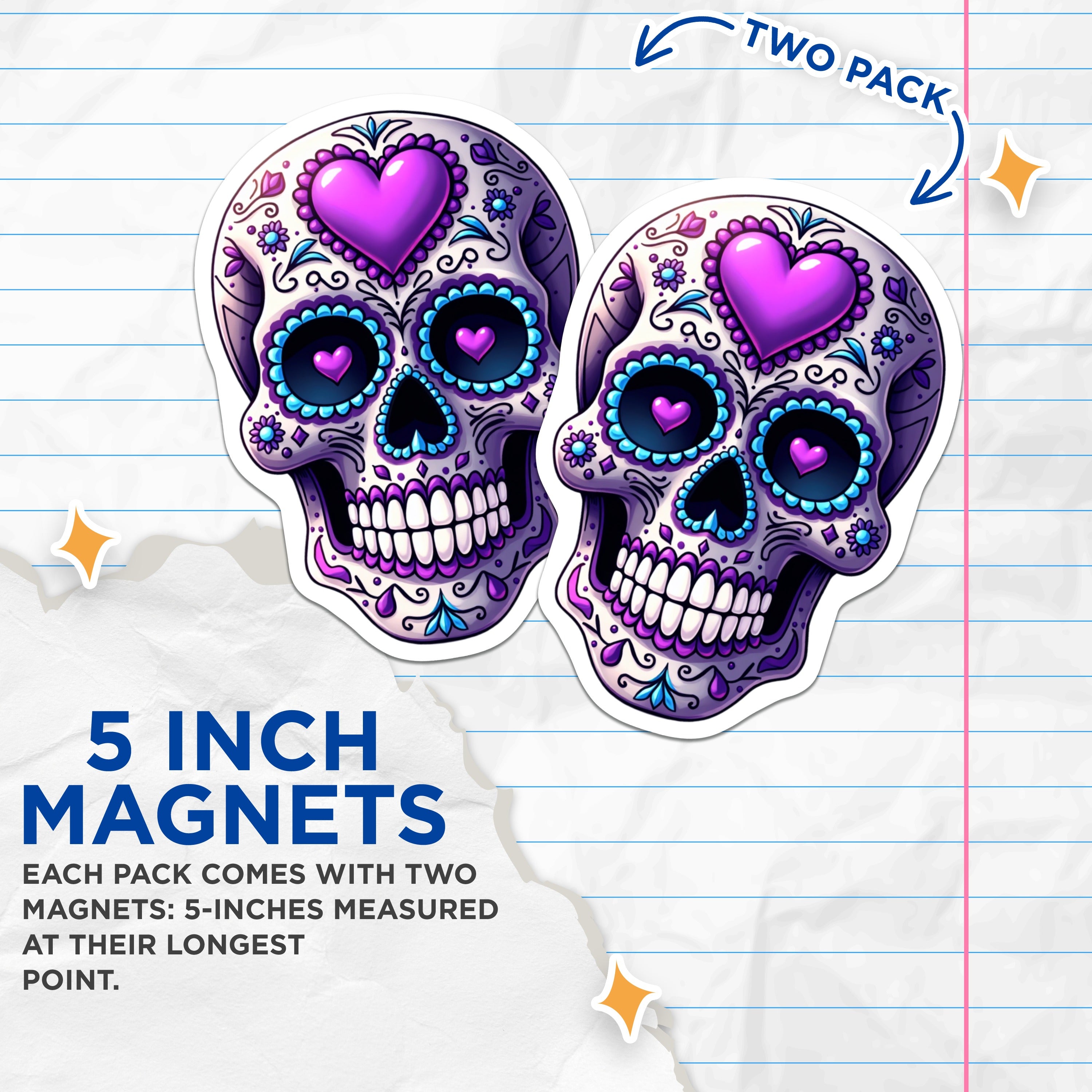 (2 Pack) Sugar Skull Magnets - Day of the Dead Decor - Calavera Art Refrigerator Magnet Set - Vibrant Skull Kitchen Magnets - 5 Inches On Longest Side - Thick Durable Magnet - Made in USA - MAG39225