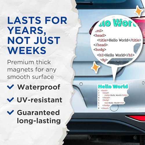 (2 Pack) Hello World HTML Code Magnets - Programming Decor - Developer Gifts - Tech Enthusiast Accessories - 5" On Longest Side - for Cars, Fridges, Toolboxes - Made in USA - MAG7435