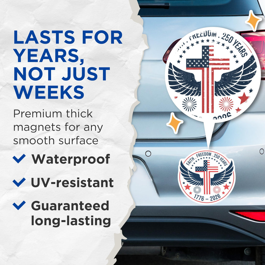 (2 Pack) Faith Freedom Magnets - American Flag Cross Design - 250 Years 1776 2026 Patriotic Christian Emblem - 5 Inches On Longest Side - Thick Durable Magnet - Made in USA - MAG22884