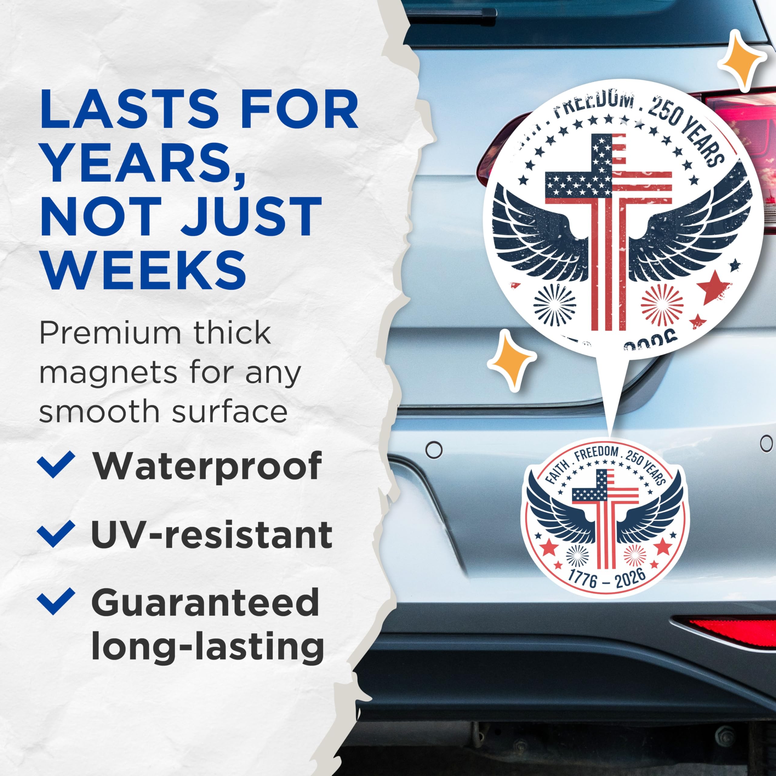 (2 Pack) Faith Freedom Magnets - American Flag Cross Design - 250 Years 1776 2026 Patriotic Christian Emblem - 5 Inches On Longest Side - Thick Durable Magnet - Made in USA - MAG22884
