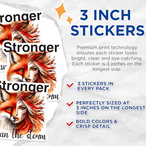 (3 Pack) Fox Girl Decals - Stronger Than The Storm - Inspirational Quote Decals - 3 Inches On Longest Side - Easy Peel & Apply - Made in USA - 3MCS8010