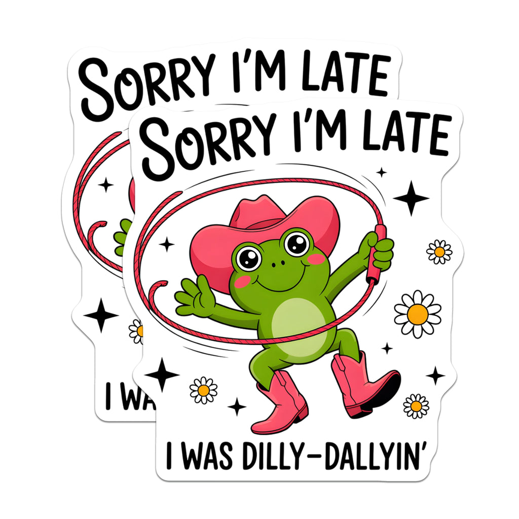 (2 Pack) Funny Frog Magnets - Cowboy Dilly Dallying Decor - Sorry I'm Late Whimsical Animal Refrigerator Magnets - 5 Inches On Longest Side - Thick Durable Magnet - Made in USA - MAG22248