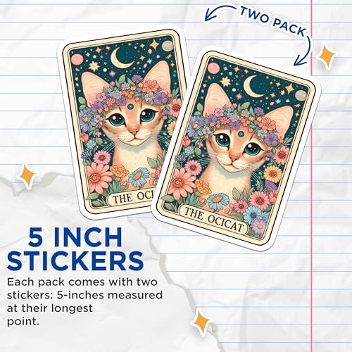 (2 Pack) Floral Cat Stickers - Whimsical Cat Art Decals - Psychedelic Animal Stickers - 5" On Longest Side - Sticks to Smooth Flat Surfaces - Made in USA - BMCS5232