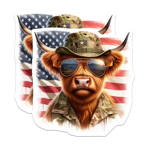 (2 Pack) Military Highland Cow Stickers - American Flag - Sunglasses Cow - 5" On Longest Side - Sticks to Smooth Flat Surfaces - Made in USA - BMCS6368