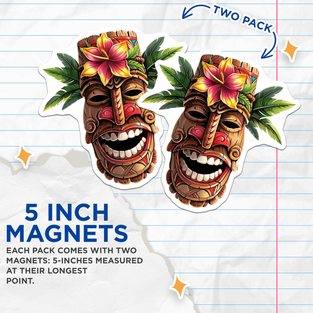 (2 Pack) Laughing Tiki Mask Magnets - Hawaiian Vibe Decor - Exotic Island Art - 5 Inches On Longest Side - Thick Durable Magnet - Made in USA - MAG20212