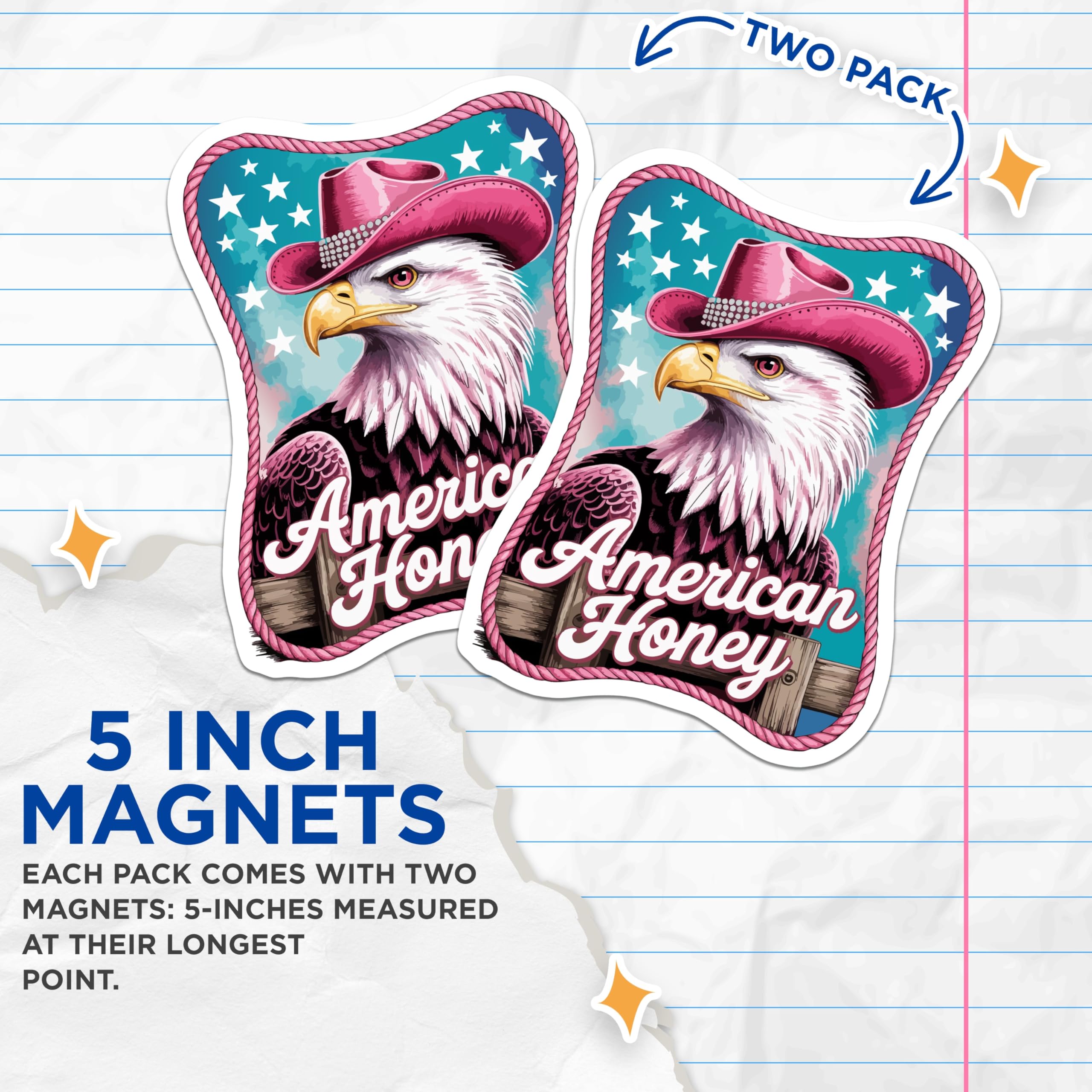 (2 Pack) Bald Eagle Magnets - Pink Cowboy Hat Decor - American Honey Design - Western Country Aesthetic - Patriotic USA Bird - 5 Inches On Longest Side - Thick Durable Magnet - Made in USA - MAG22519