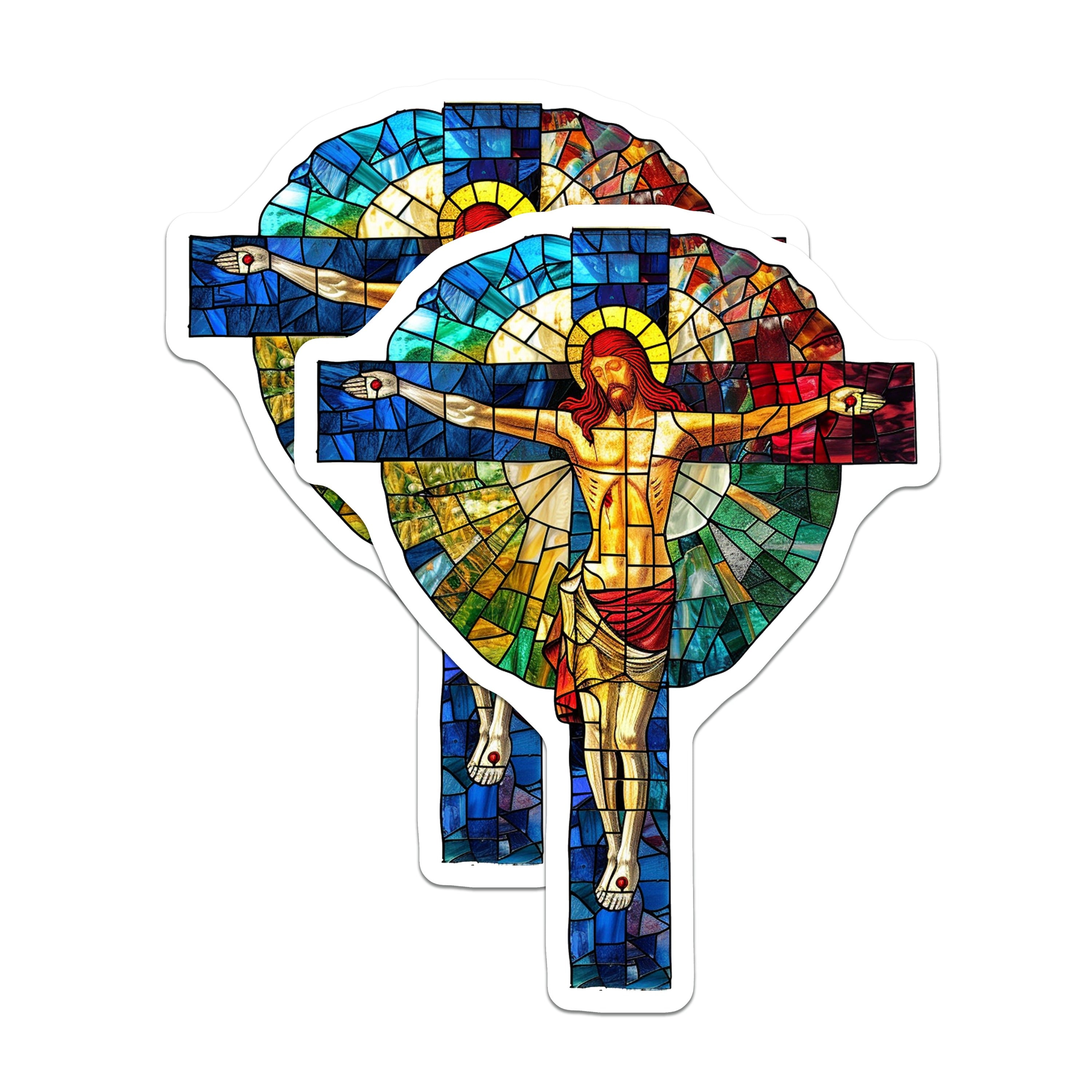 (2 Pack) Stained Glass Jesus Cross Magnets - Christian Religious Faith Art - Spiritual Home Decor Refrigerator Magnets - 5 Inches On Longest Side - Thick Durable Magnet - Made in USA - MAG39854