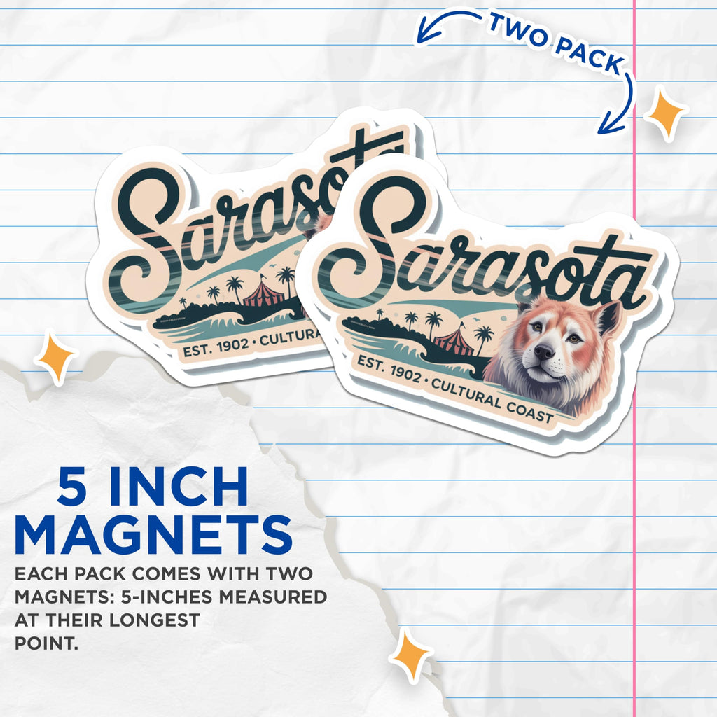 (2 Pack) Sarasota Florida Magnets - Shiba Inu Coastal Decor - Circus Tent Beach Art - 5 Inches On Longest Side - Thick Durable Magnet - Made in USA - MAG19106