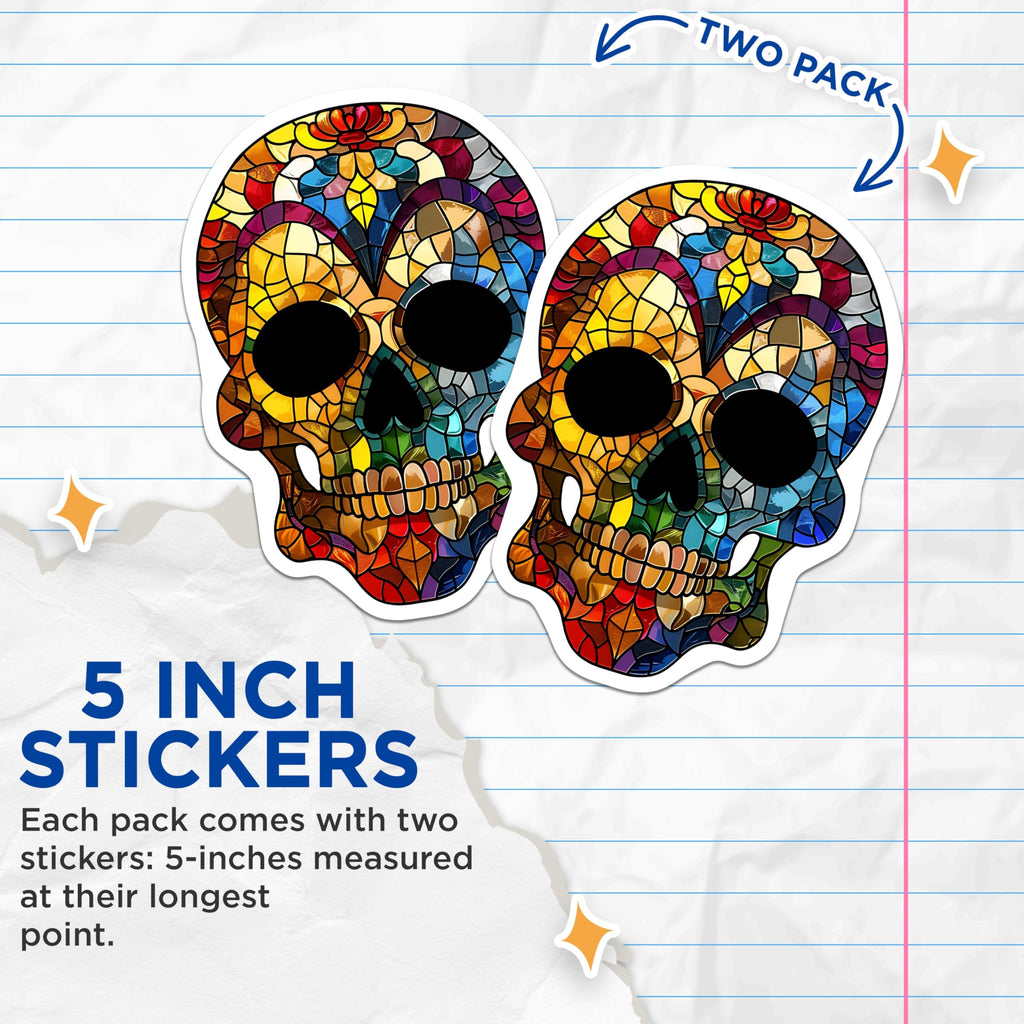 (2 Pack) Sugar Skull Stickers - Colorful Skull - Stained Glass Skull Art- 5" On Longest Side - Sticks to Smooth Flat Surfaces - Made in USA - BMCS16917