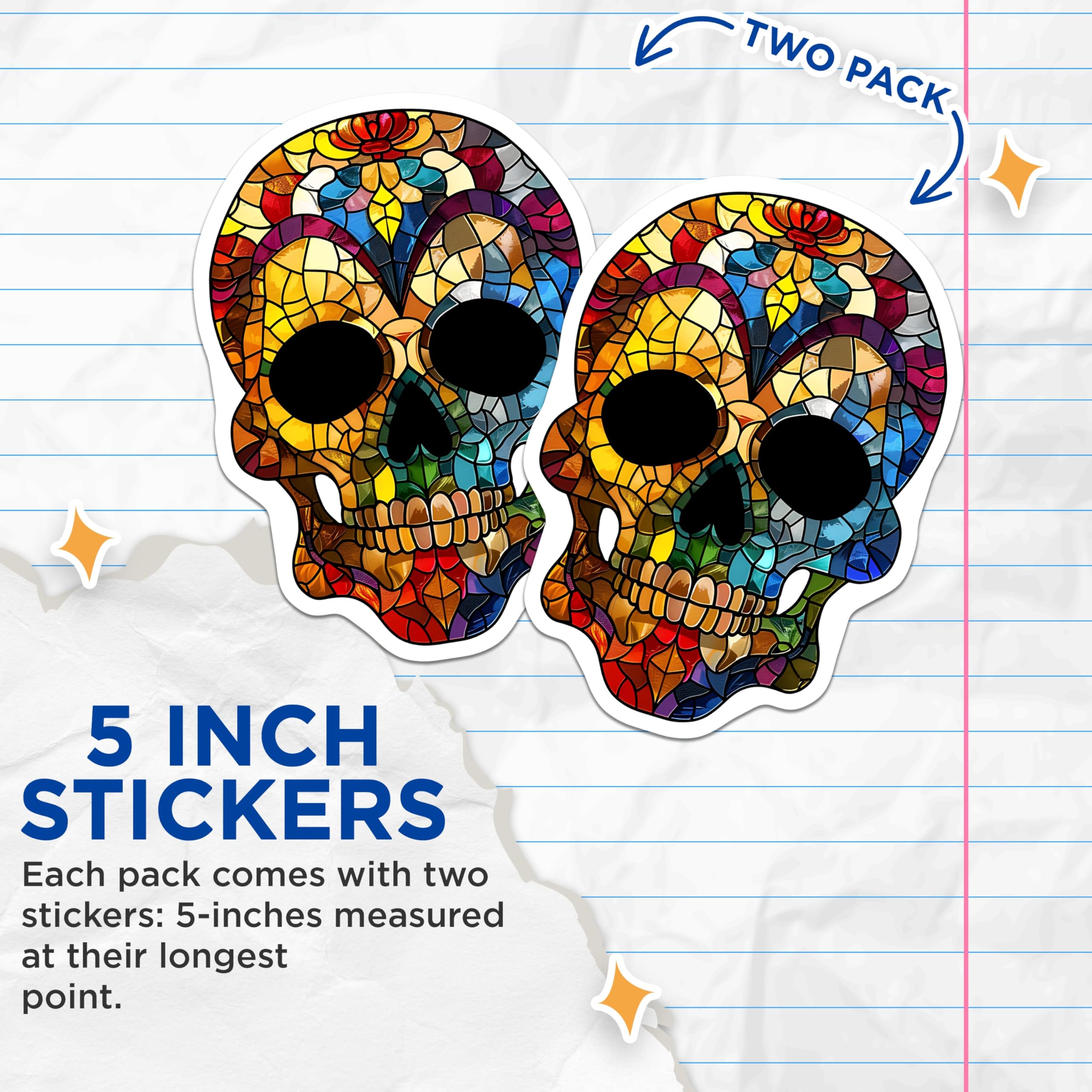 (2 Pack) Sugar Skull Stickers - Colorful Skull - Stained Glass Skull Art- 5" On Longest Side - Sticks to Smooth Flat Surfaces - Made in USA - BMCS16917