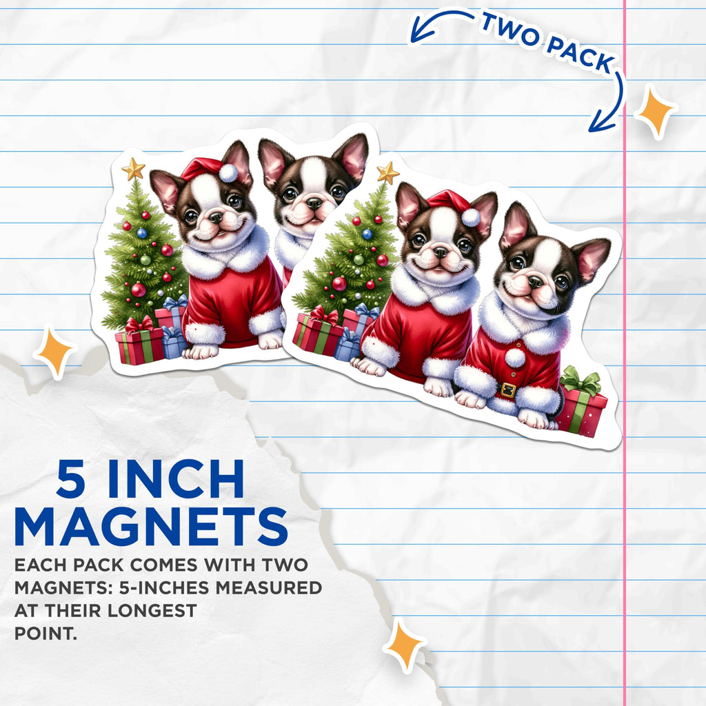 (2 Pack) Boston Terrier Christmas Magnets - Santa Dog Puppy Holiday Decor - Cute Animal Fridge Accessories - 5 Inches On Longest Side - Thick Durable Magnet - Made in USA - MAG25628