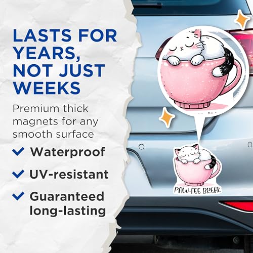 (2 Pack) Cute Cat Paw-Fee Break Magnets - Fun Kitchen Magnets - Adorable Coffee-Themed Magnets - 5" On Longest Side - for Cars, Refrigerators, Toolboxes, Lockers - Made in USA BMCS3299