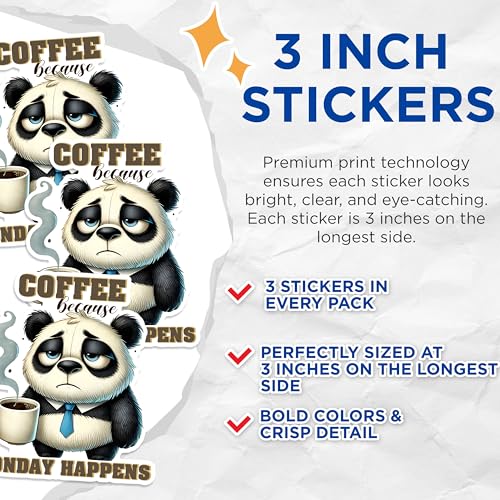 (3 Pack) Coffee Panda Decals - Funny Monday Meme - Laptop Decal - Office Humor - 3 Inches On Longest Side - Easy Peel & Apply - Made in USA - 3MCS1581