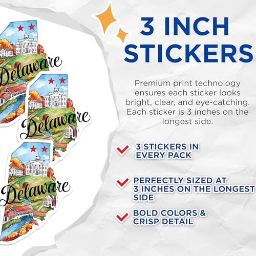 (3 Pack) Delaware State Decals - Watercolor Map - Dover Buildings- 3 Inches On Longest Side - Easy Peel & Apply - Made in USA - 3MCS5050