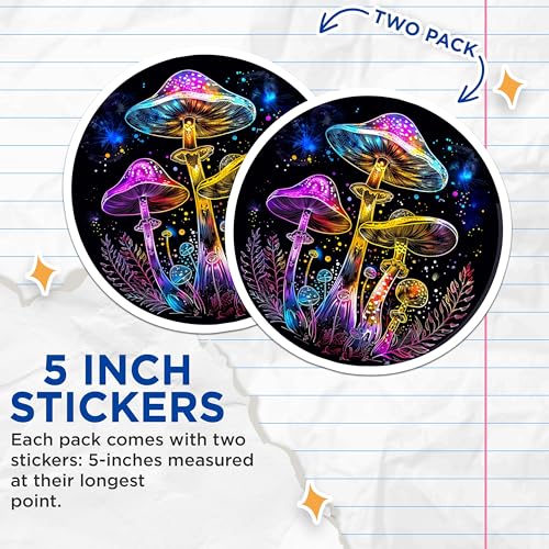 (2 Pack) Psychedelic Mushroom Stickers - Trippy Art Stickers - Colorful Mushroom Decals - Mushroom Lover Gift - 5" On Longest Side - Sticks to Smooth Flat Surfaces - Made in USA - BMCS6819