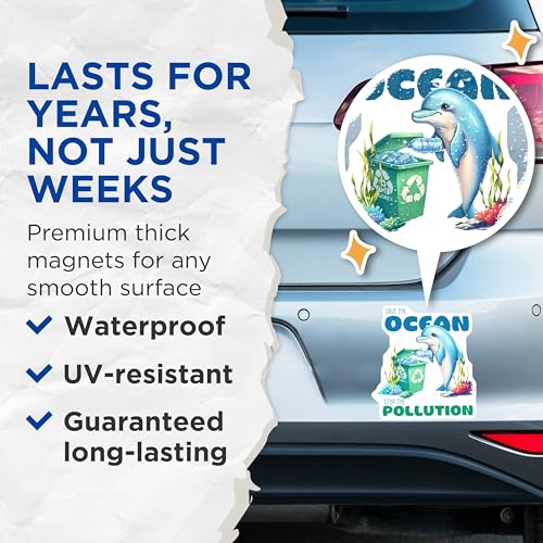 (2 Pack) Save The Ocean Magnets - Dolphin Recycling Art - Environmental Awareness - Marine Conservation Decor - 5" On Longest Side - for Cars, Fridges, Toolboxes - Made in USA - MAG7960