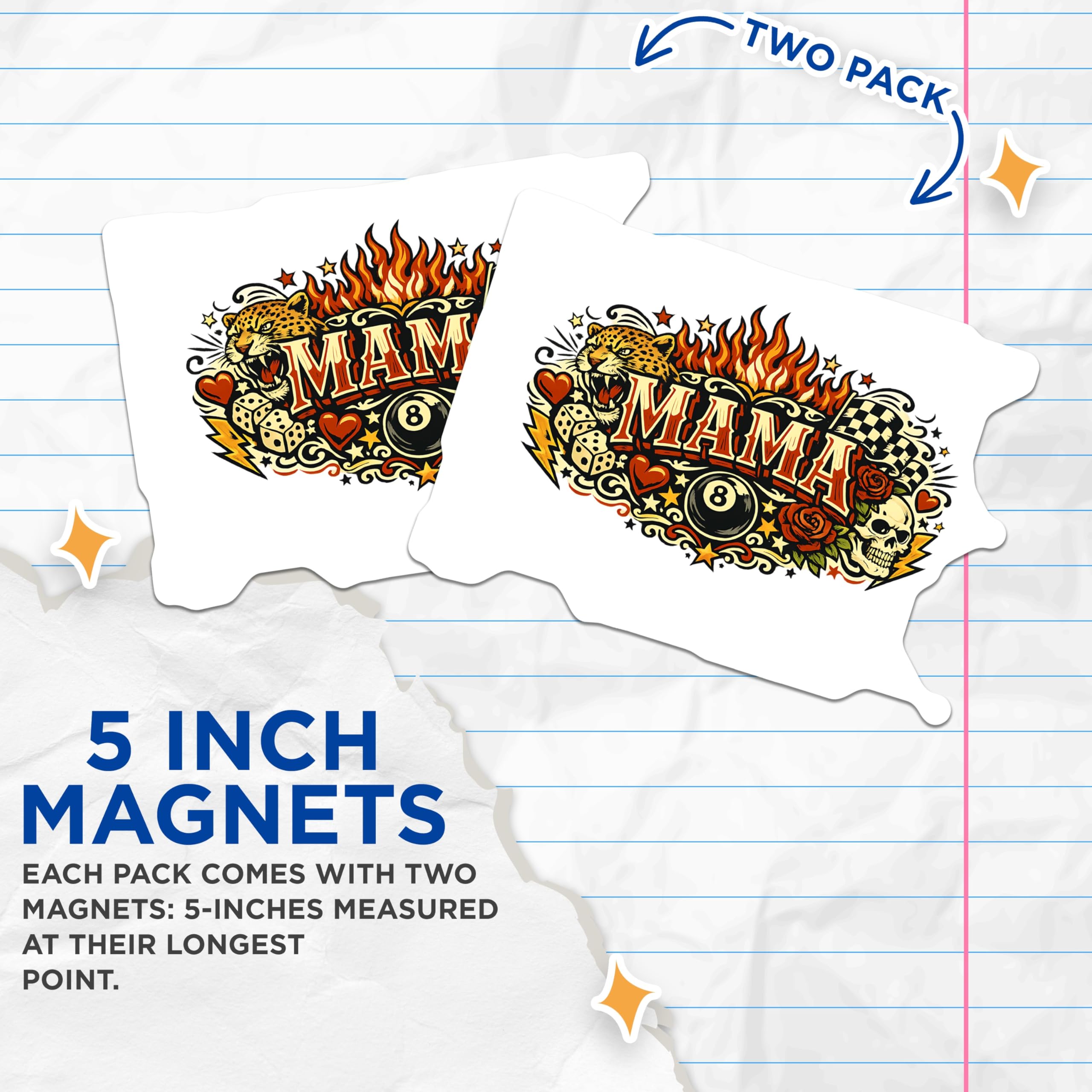 (2 Pack) Mama Magnets - Edgy Rockabilly Tattoo Art - Leopard Skull 8 Ball Dice Flames Checkered Flag - 5 Inches On Longest Side - Thick Durable Magnet - Made in USA - MAG20460