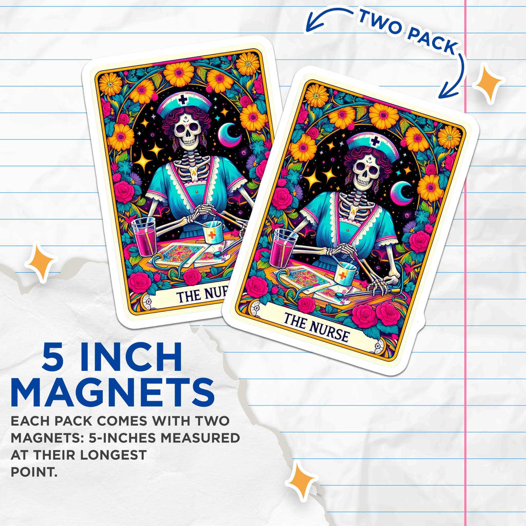 (2 Pack) Nurse Skeleton Magnets - Dia de Los Muertos Tarot Card - Healthcare Worker Appreciation Decor for Nurses - 5 Inches On Longest Side - Thick Durable Magnet - Made in USA - MAG25167