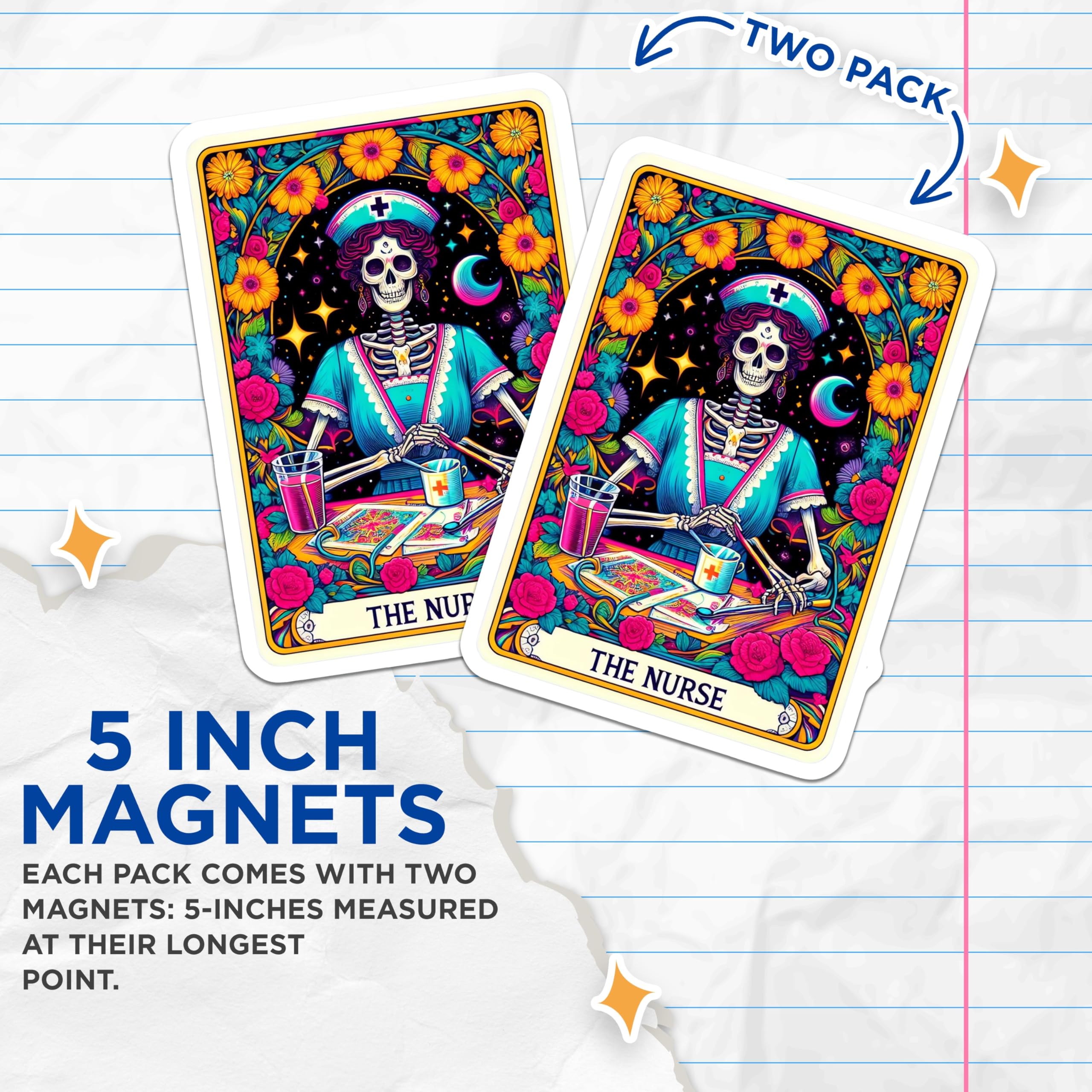 (2 Pack) Nurse Skeleton Magnets - Dia de Los Muertos Tarot Card - Healthcare Worker Appreciation Decor for Nurses - 5 Inches On Longest Side - Thick Durable Magnet - Made in USA - MAG25167