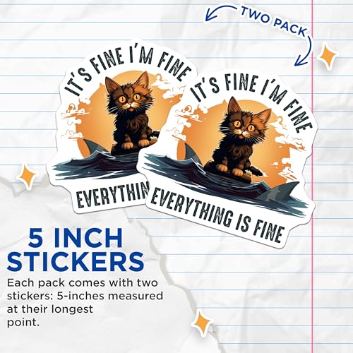 (2 Pack) Cat Stickers - Funny Quote - Everything is Fine - 5" On Longest Side - Sticks to Smooth Flat Surfaces - Made in USA - BMCS7834