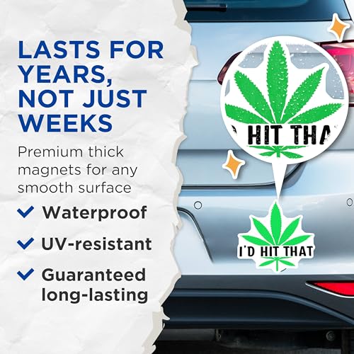 (2 Pack) I'd Hit That Magnets Magnets - Funny Weed Magnet - Cannabis Leaf Decor - 5" On Longest Side - Made in USA - Sticks to Refrigerators & Metal Surfaces - MAG8905