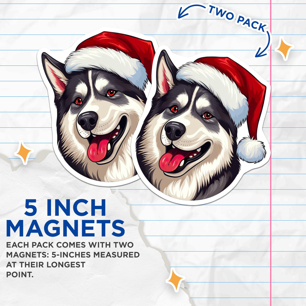 (2 Pack) Husky Dog Christmas Magnets - Santa Hat Pet Decor - Winter Holiday Animal Fun Fridge Magnets - 5 Inches On Longest Side - Thick Durable Magnet - Made in USA - MAG26192